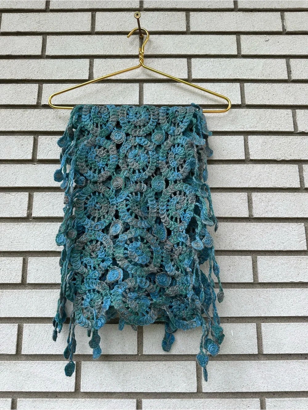 Hand Crochet Textured Spiral Fringe Scarf Wrap Ocean Blue Boho Art Whimsigoth